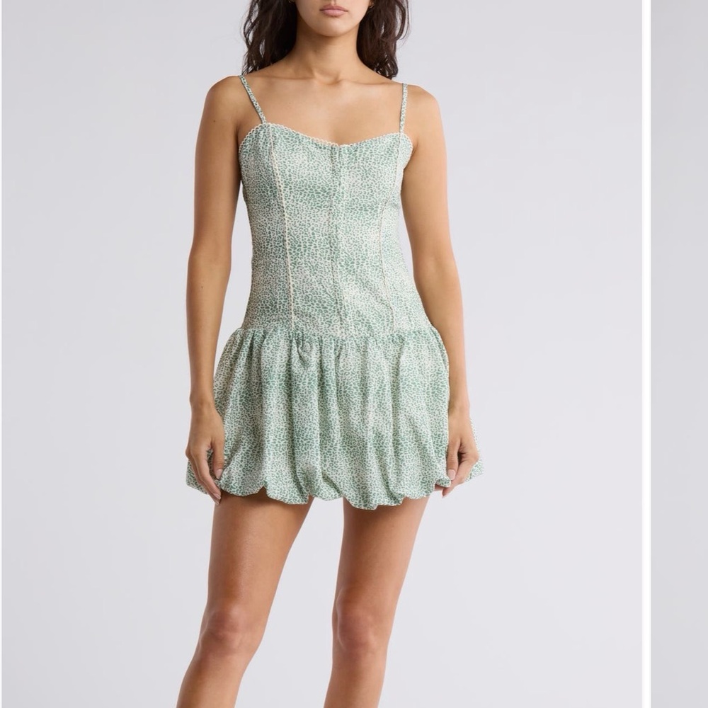 Lush Animal Print Cream and Green Bubble Hem Dress NWT - SIZE M